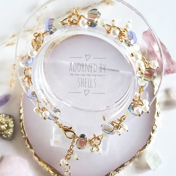 Charms Beaded Bracelet, Blue Mint Green Teardrop Crystals & Pearls Gold Jewelry - Picture 5 of 11